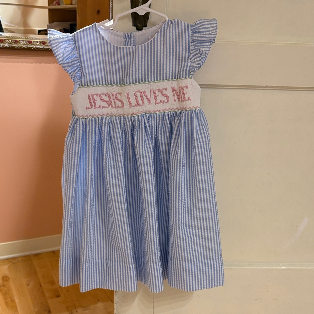 Seersucker Jesus loves me dress